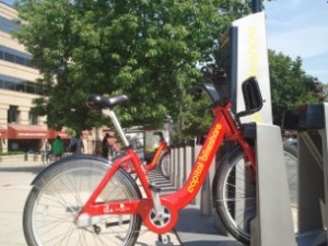 Capital Bikeshare (CaBi) rack at the Van Ness Metro.