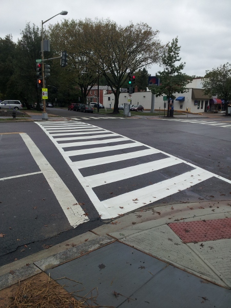The view of the new crosswalk from the east side of Connecticut Avenue.