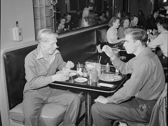 These fellows enjoy a meal at the Connecticut Avenue Hot Shoppes, December 1941. (Library of Congress photo)