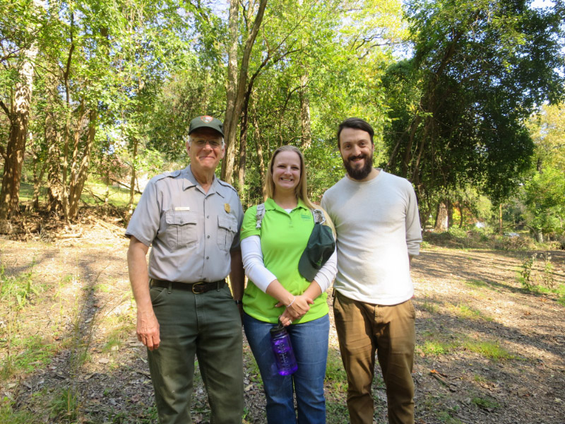 Left to right: Bill Yeamen of the National Park Service; Rachel Gauzza, a biologist with DOEE's Fisheries and Wildlife Division; and John Maleri, Rock Creek Conservancy's volunteer coordinator. Maleri also heads RCC's invasive species removal efforts.
