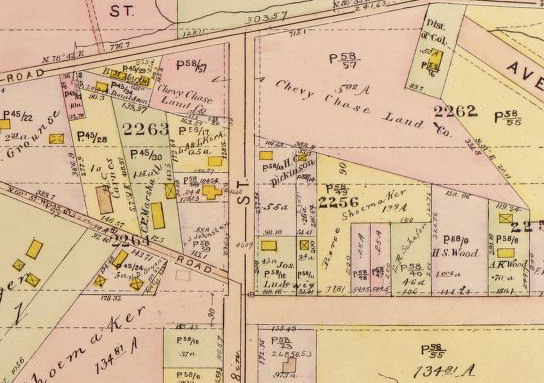 Dr. Dickinson's lot just to the south of a large Chevy Chase Land Co. parcel, is marked on this 1919 atlas of DC. (Baist Real Estate Atlas Surveys of Washington, District of Columbia, courtesy of the Library of Congress online)