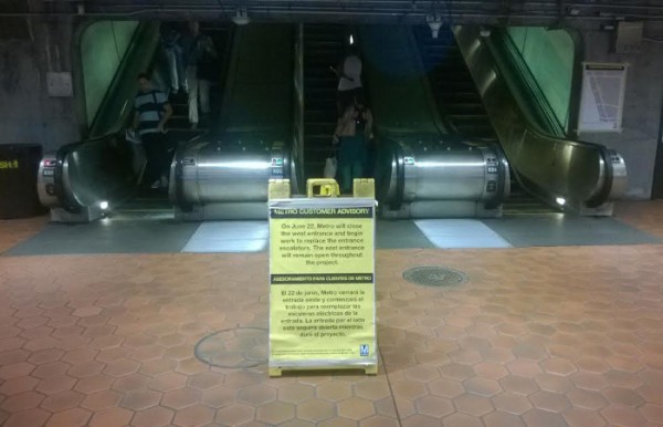 Metro placed signs warning of the west entrance closure on Tuesday, June 16th. The agency also stationed workers outside the entrance to hand out flyers outside the station the rest of the week, and an information table at the UDC farmers market on Saturday.