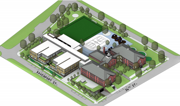 The original Murch school and the revised addition as viewed from the southeast. The 46 underground parking spaces would be accessed from Reno Road; the cafeteria and loading area are bottom-center.