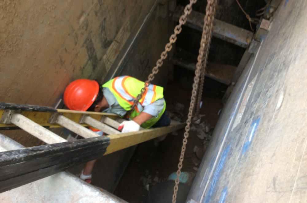 Looking down into the 12-foot-deep work pit. (photo by David Jonas Bardin)
